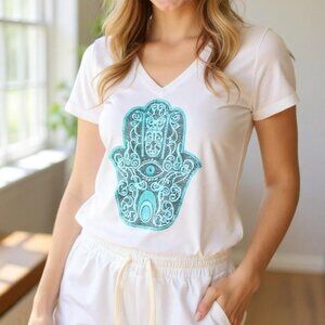 Women's Two Piece,Set Women's Rhinestone Hamsa Graphic Shirt V- Collar Short